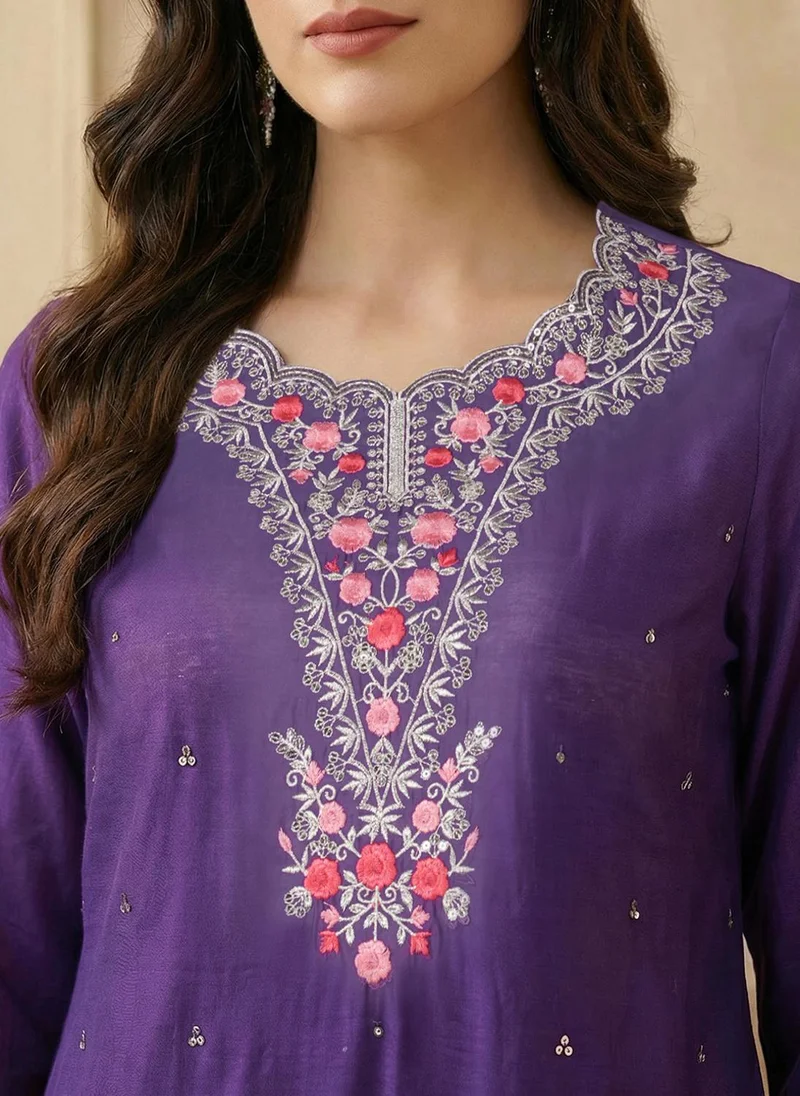 globus Purple Globus Women Purple Scalloped Round Neck Embroidered Yoke A-Line Kurta with Wide Leg Pants & Dupatta Festive Set for Women | Best Price UAE